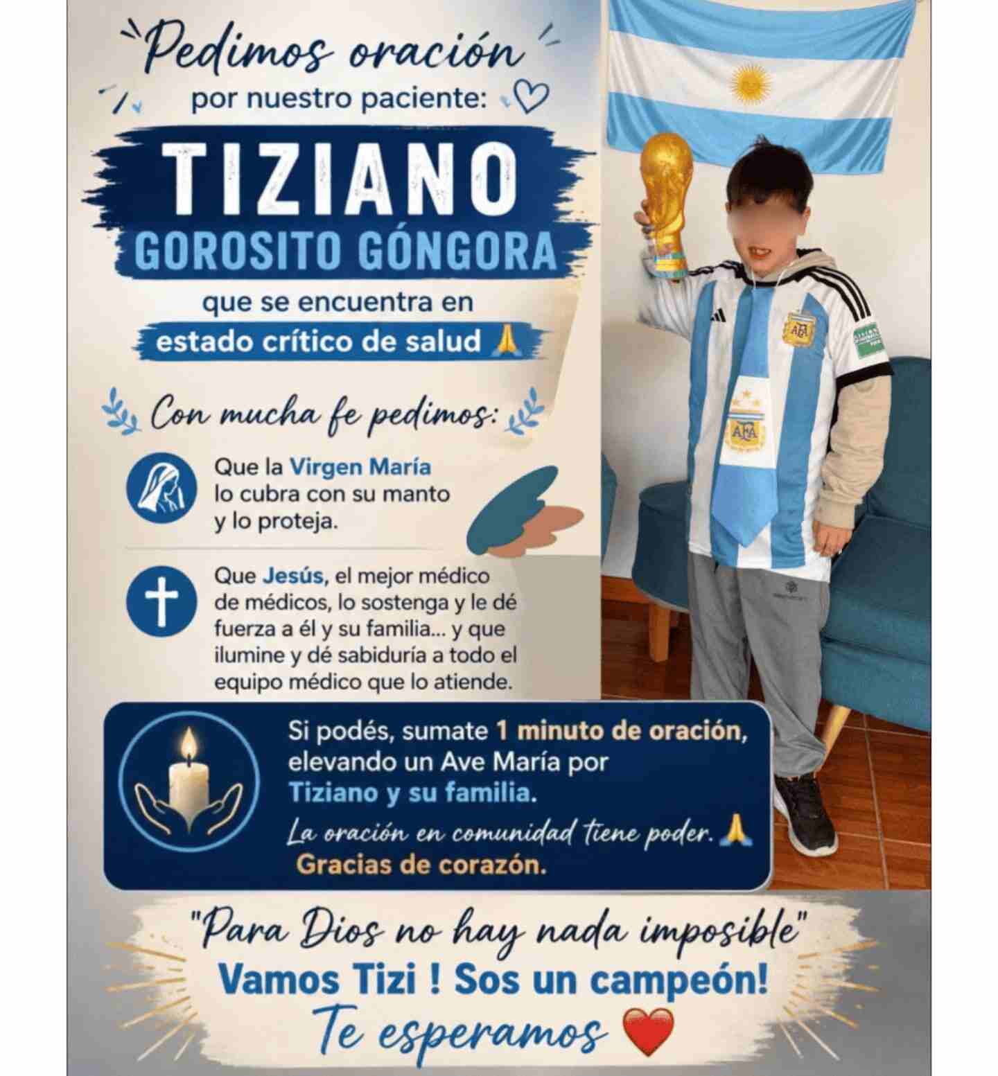 Niño de 7 años con camiseta de Argentina sosteniendo un trofeo, en un cartel de apoyo por su salud