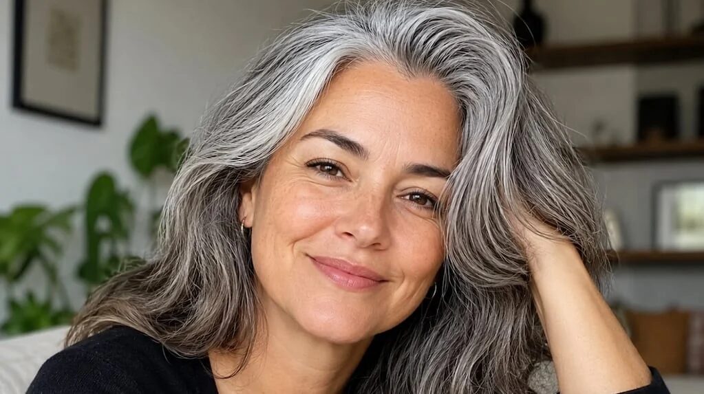 Mujer con canas aceptando su identidad