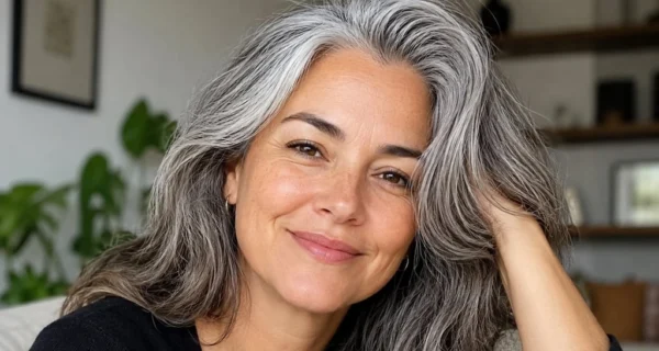Mujer con canas aceptando su identidad