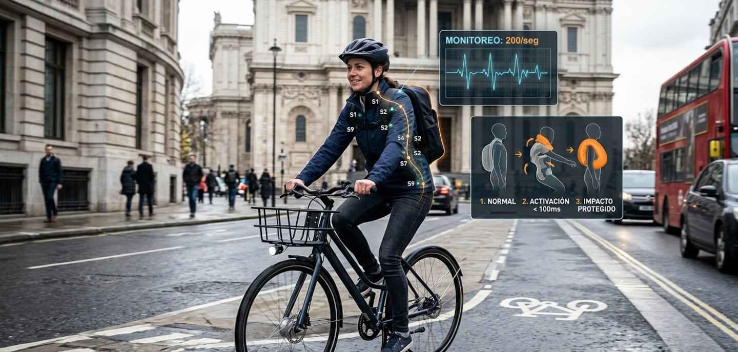 Ciclista utilizando el sistema Aerobag en una calle de Europa
