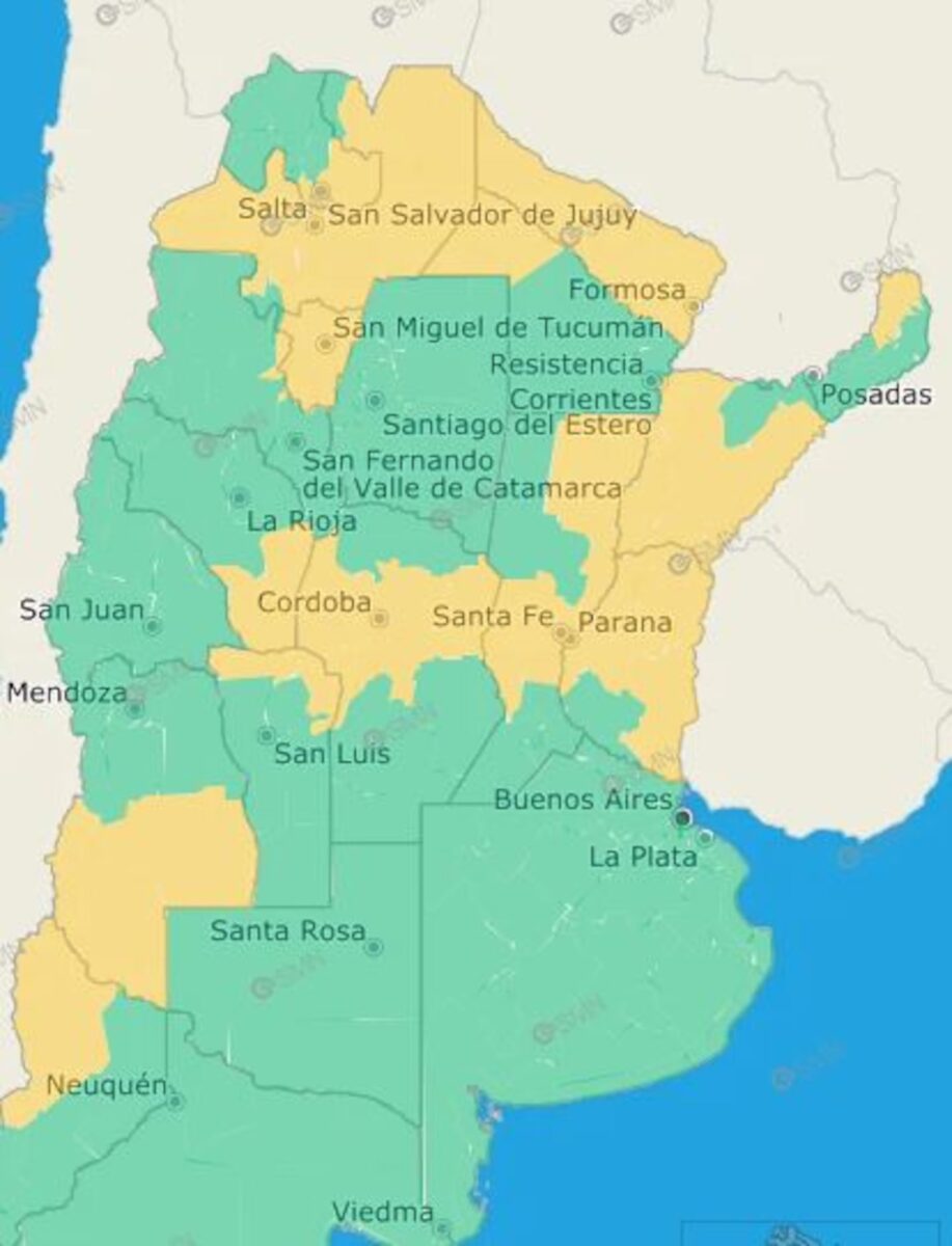 Mapa de Argentina con alerta amarilla por frío extremo en 15 provincias