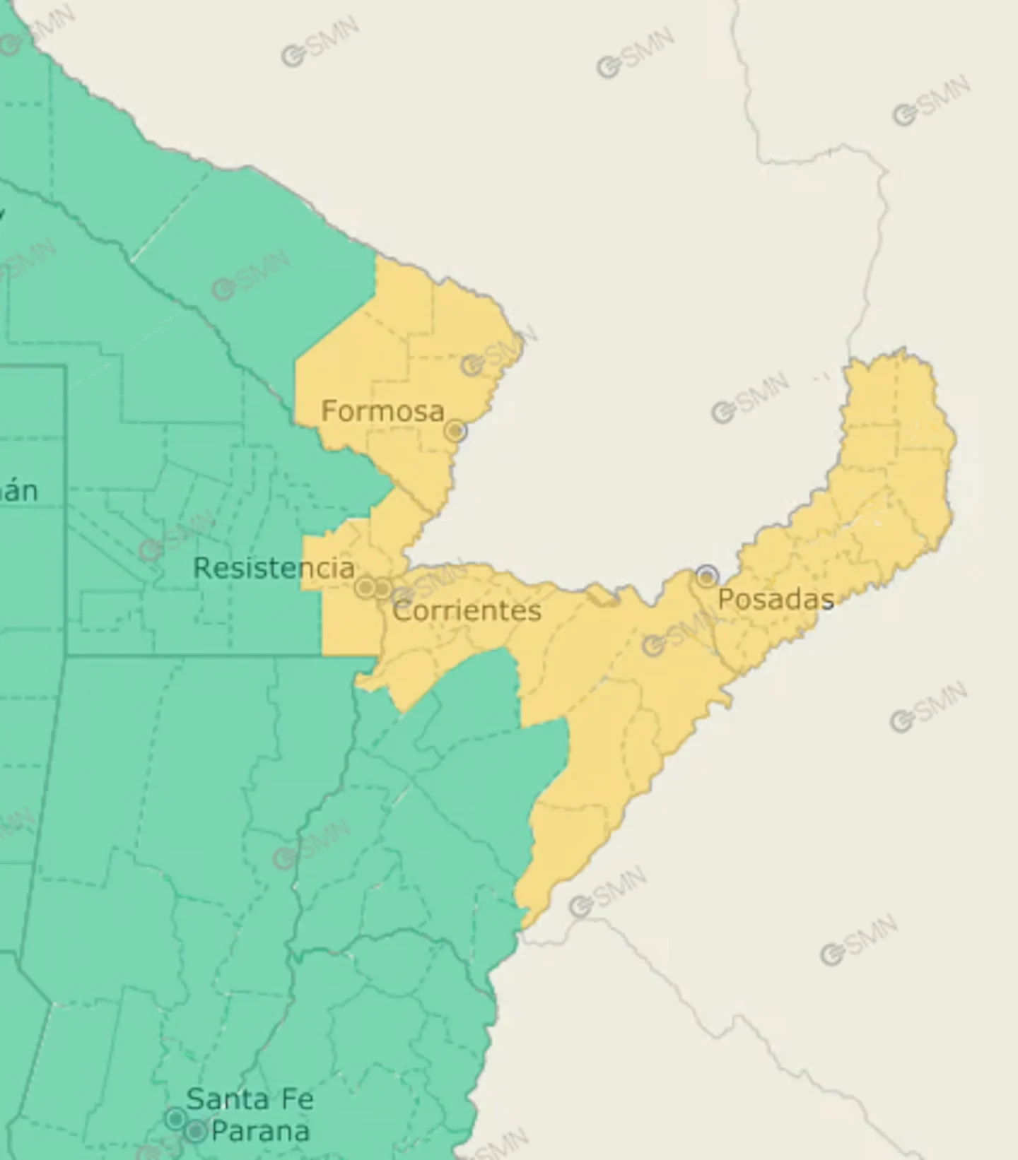 Mapa de Argentina con alerta amarilla por tormentas en las provincias de Misiones, Formosa, Chaco y Corrientes