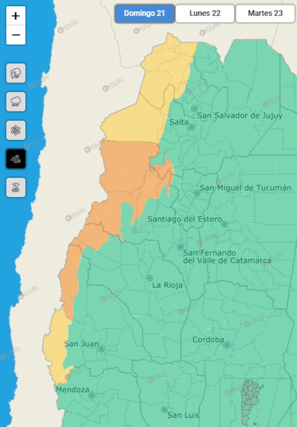 Mapa de alerta naranja por vientos Zonda en el noroeste de Argentina