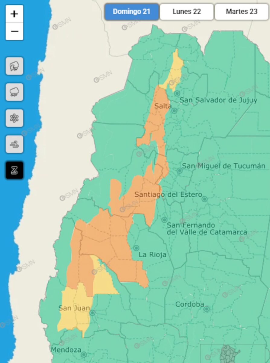 Mapa de alerta naranja por vientos Zonda en siete provincias de Argentina