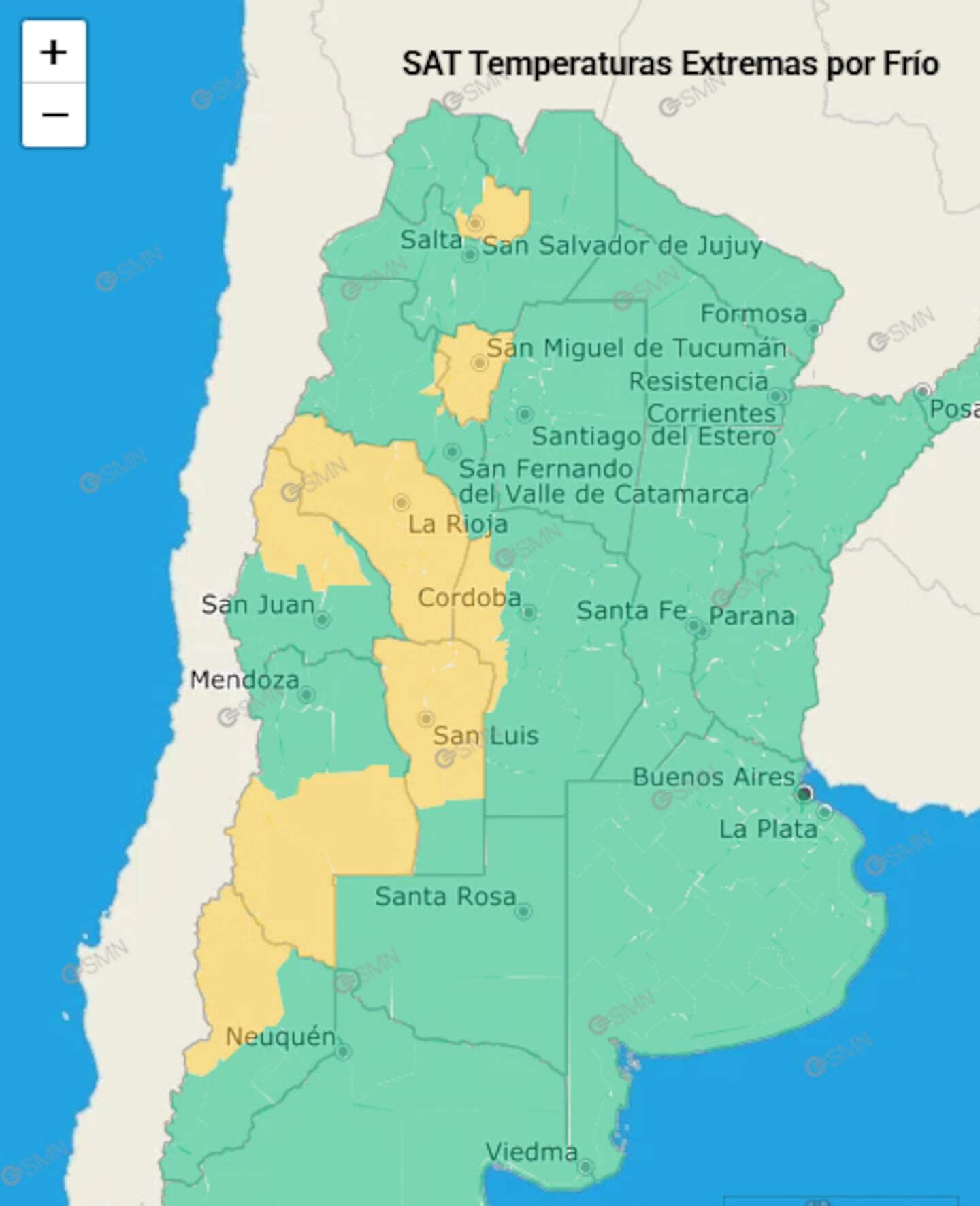 Mapa de Argentina mostrando provincias bajo alerta amarilla por frío extremo y tormentas