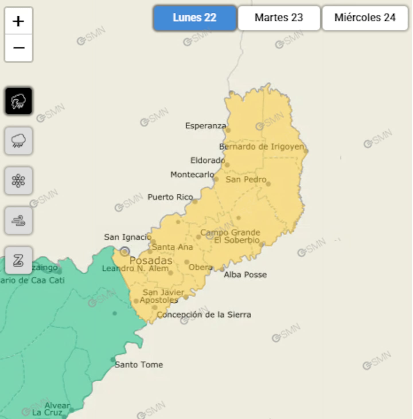 Mapa de Argentina con alertas amarillas por frío extremo y tormentas en varias provincias