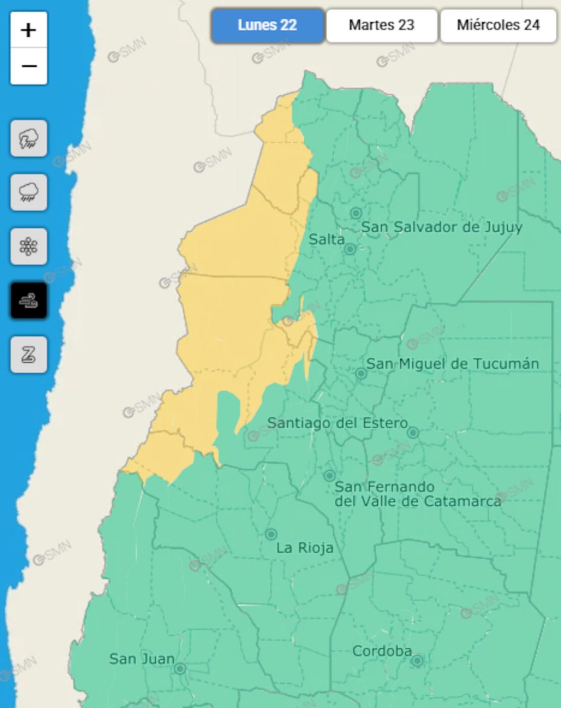 Mapa de Argentina con alertas amarillas por frío extremo y tormentas en varias provincias