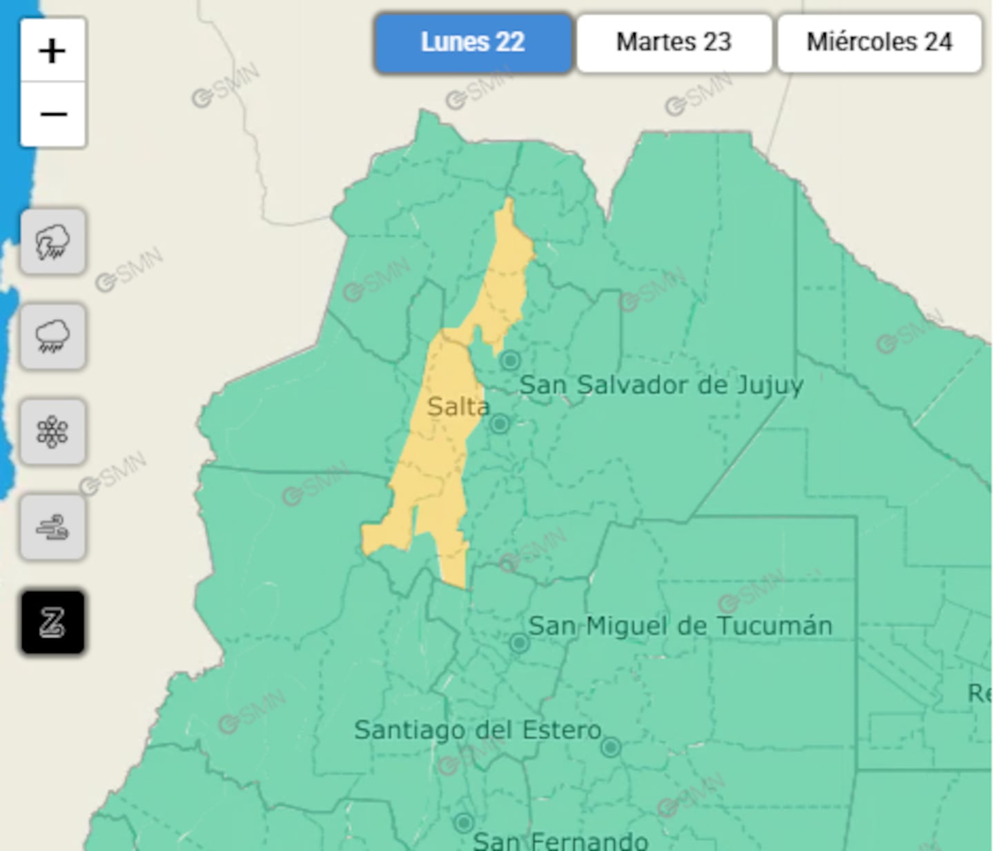 Mapa de Argentina con alerta amarilla por frío extremo y tormentas en la provincia de Salta