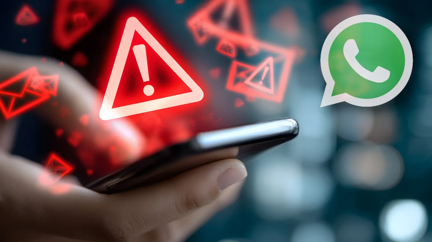 Alerta de estafa en WhatsApp con símbolo de advertencia y un teléfono móvil en la mano