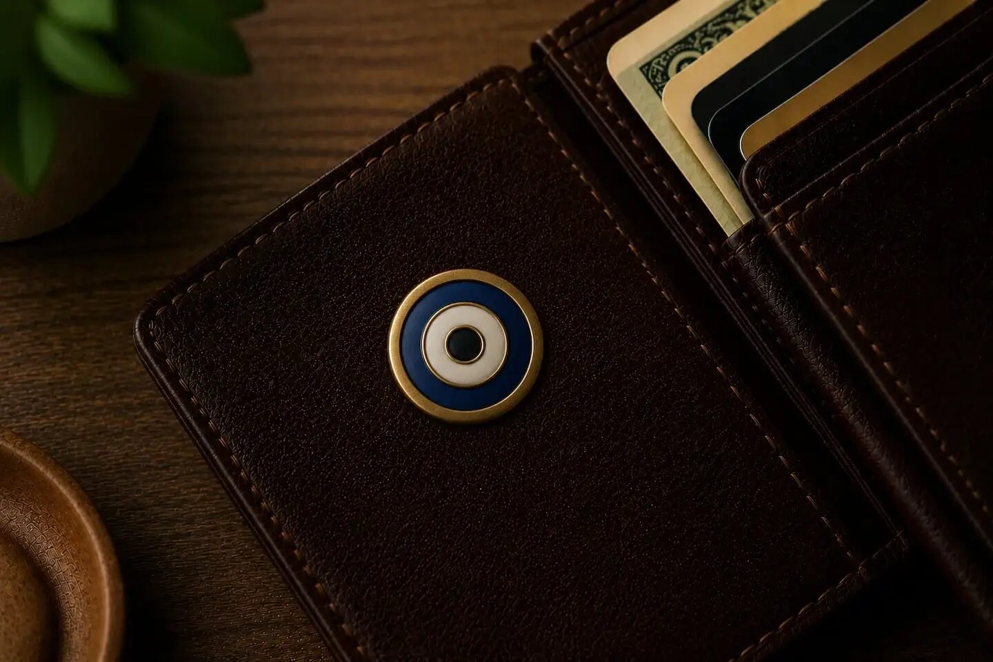 Amuleto de la suerte en forma de ojo turco sobre una billetera de cuero