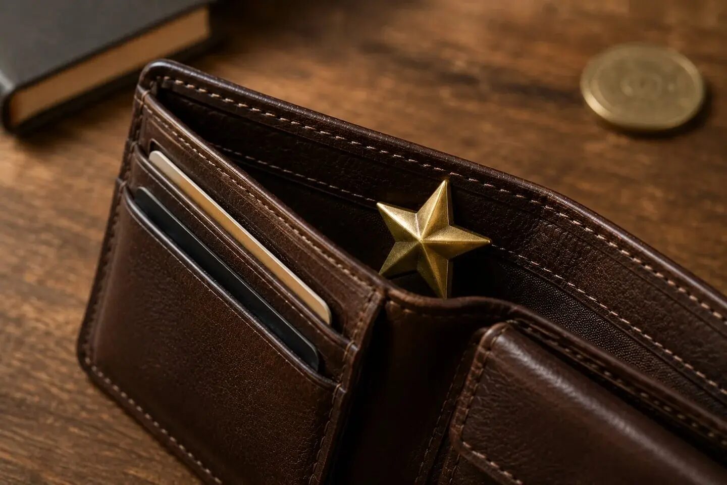 Billetera de cuero marrón con un amuleto dorado en forma de estrella