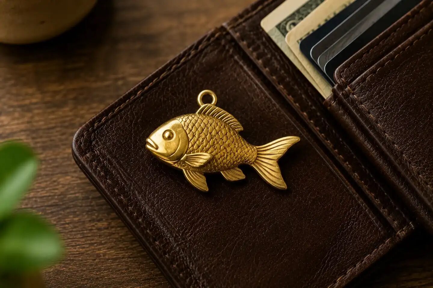 Amuleto de pez dorado en una billetera de cuero