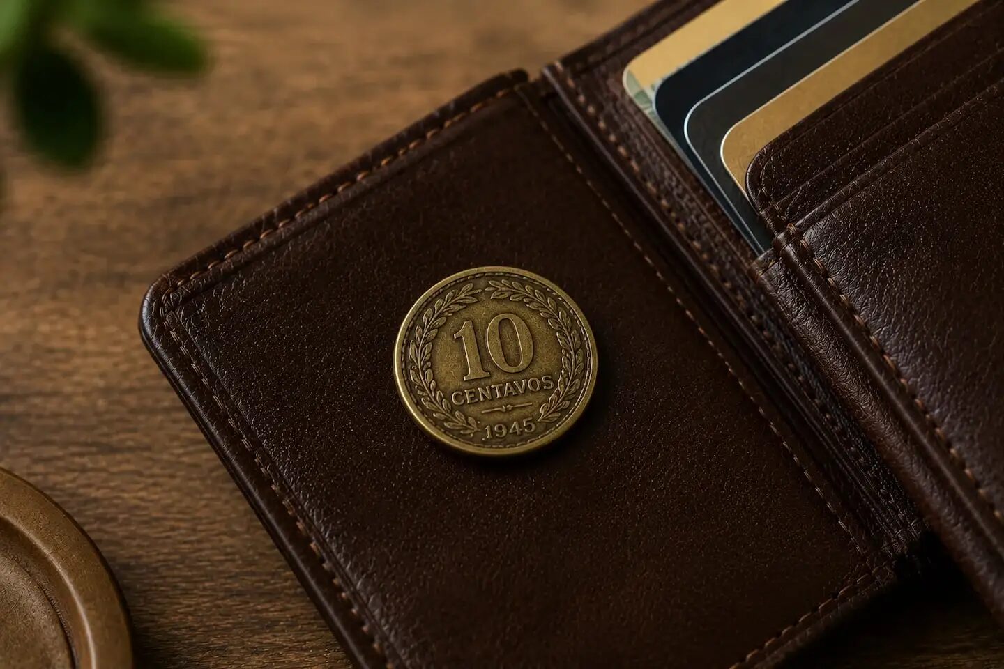 Moneda de 10 centavos de 1945 en una billetera de cuero