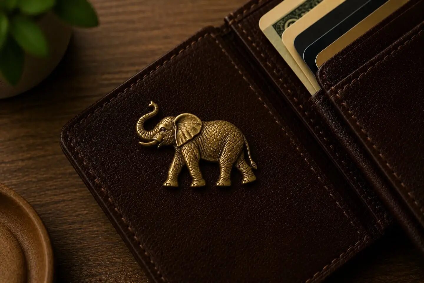 Amuleto de elefante en una billetera de cuero
