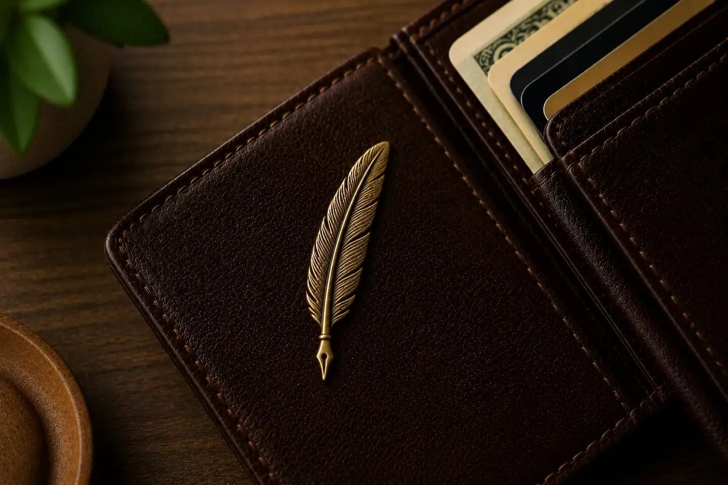 Pluma dorada sobre una billetera de cuero marrón con tarjetas y billetes