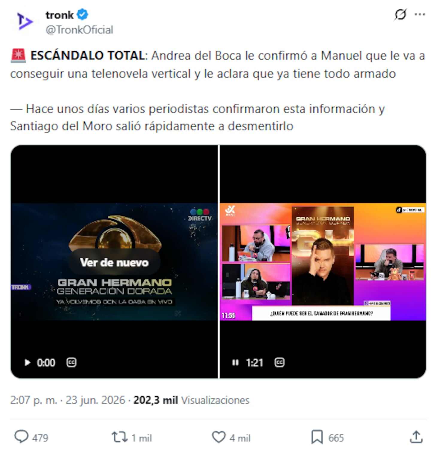 Captura de pantalla del programa de televisión donde Andrea del Boca habla sobre sus planes de trabajar en una telenovela