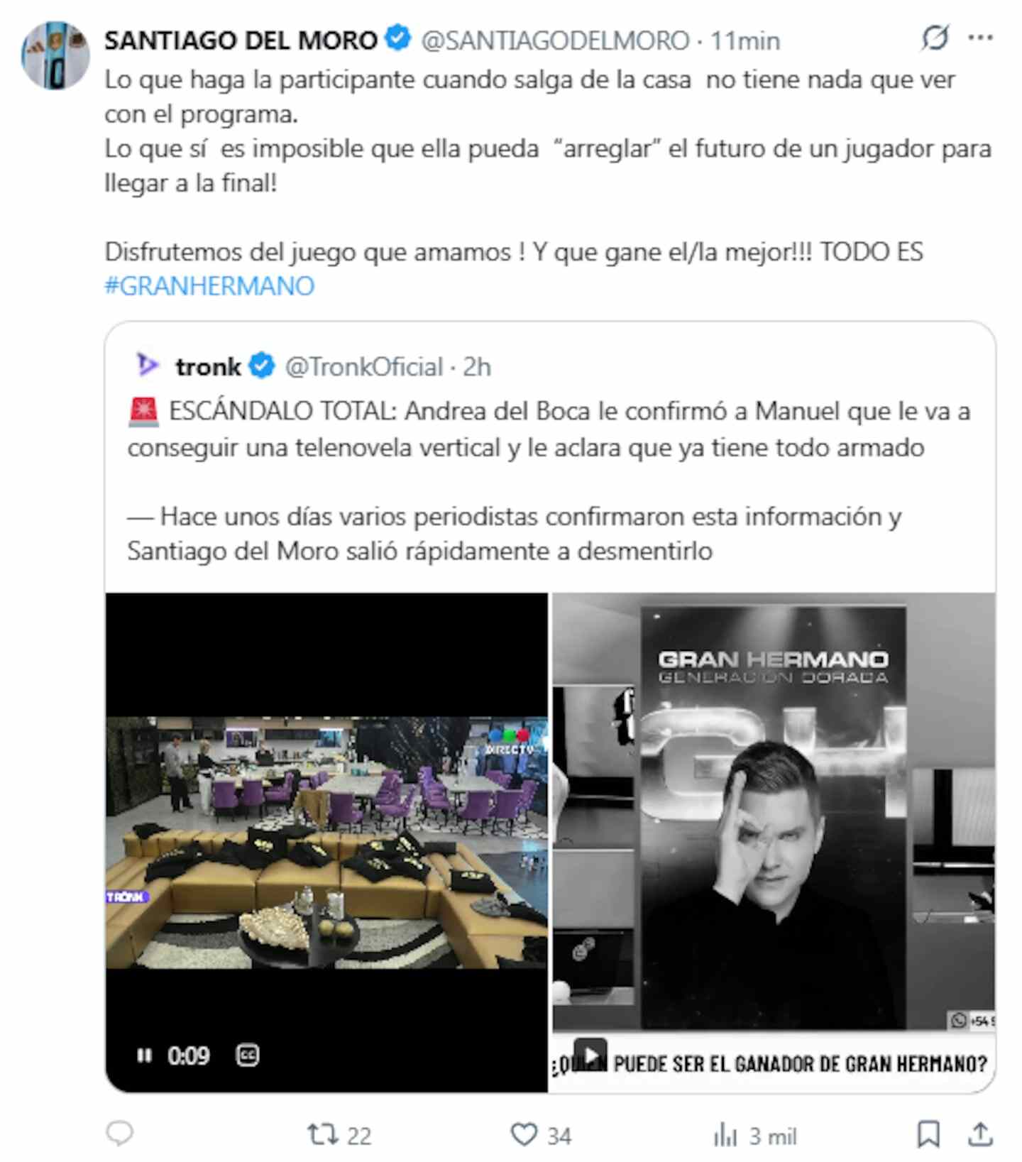 Tweet de Santiago del Moro sobre Andrea del Boca y Gran Hermano 2026