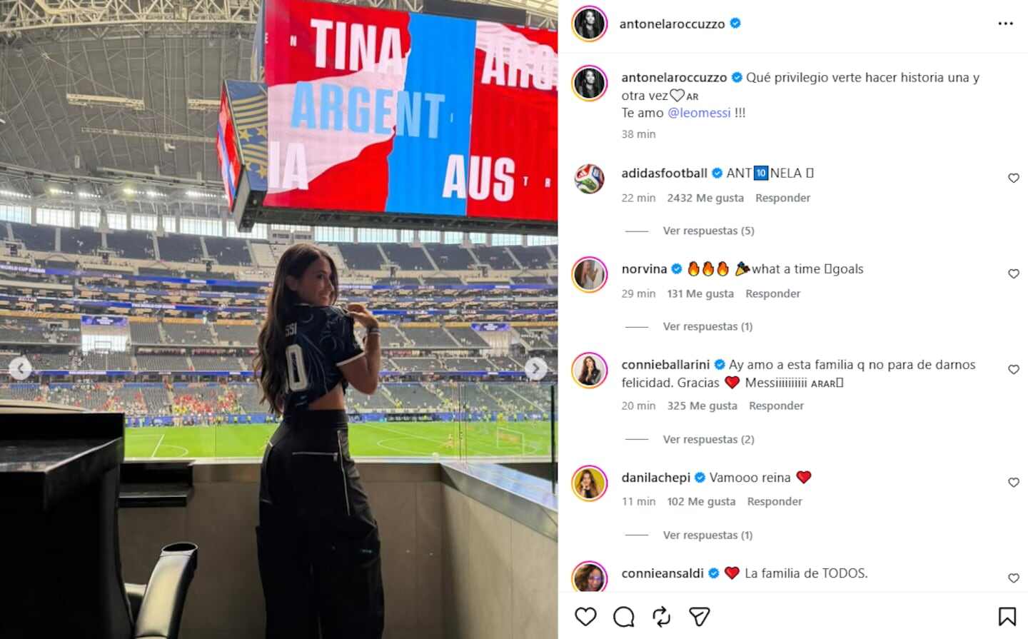 Antonela Roccuzzo en un estadio celebrando el triunfo de Lionel Messi con la Selección argentina