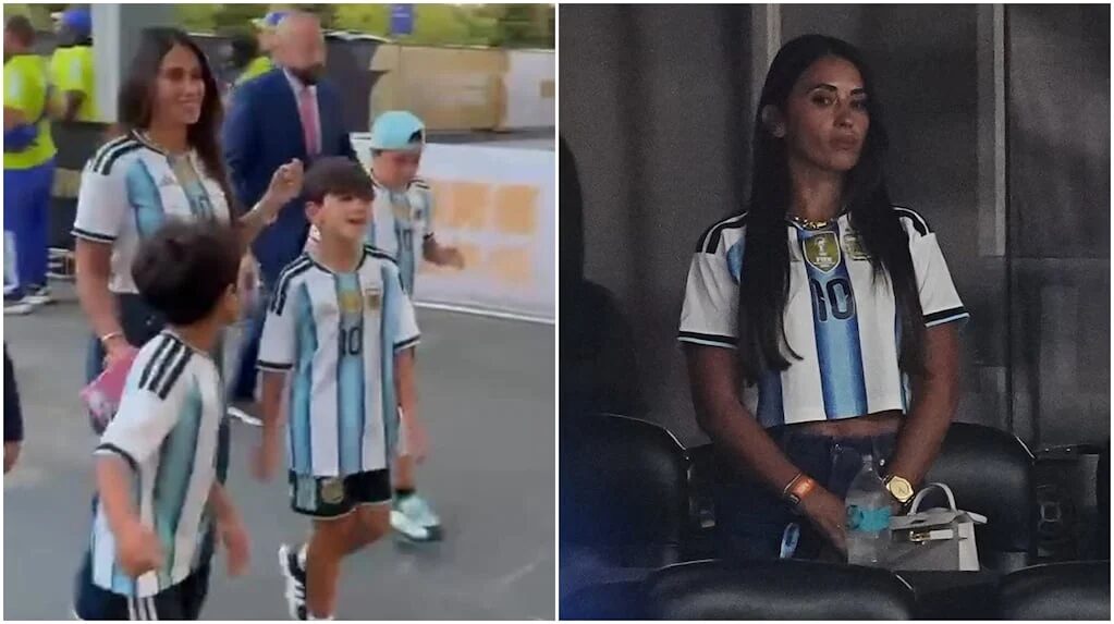 Antonela Roccuzzo y sus hijos en el estadio apoyando a la Selección argentina