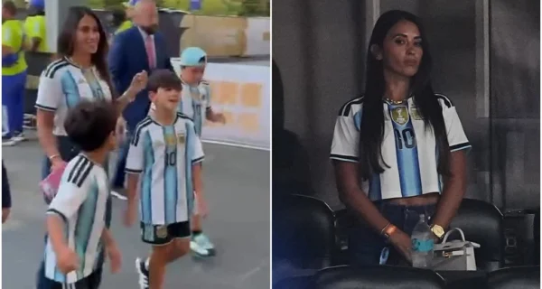 Antonela Roccuzzo y sus hijos en el estadio apoyando a la Selección argentina