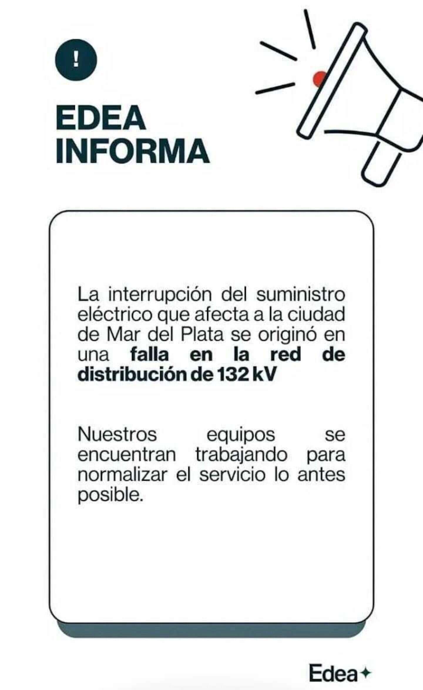 Comunicado de EDEA sobre el apagón en Mar del Plata