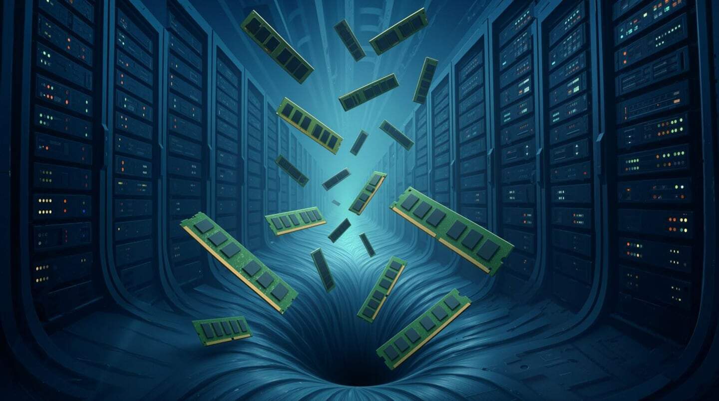 Componentes de memoria RAM cayendo en un entorno digital oscuro