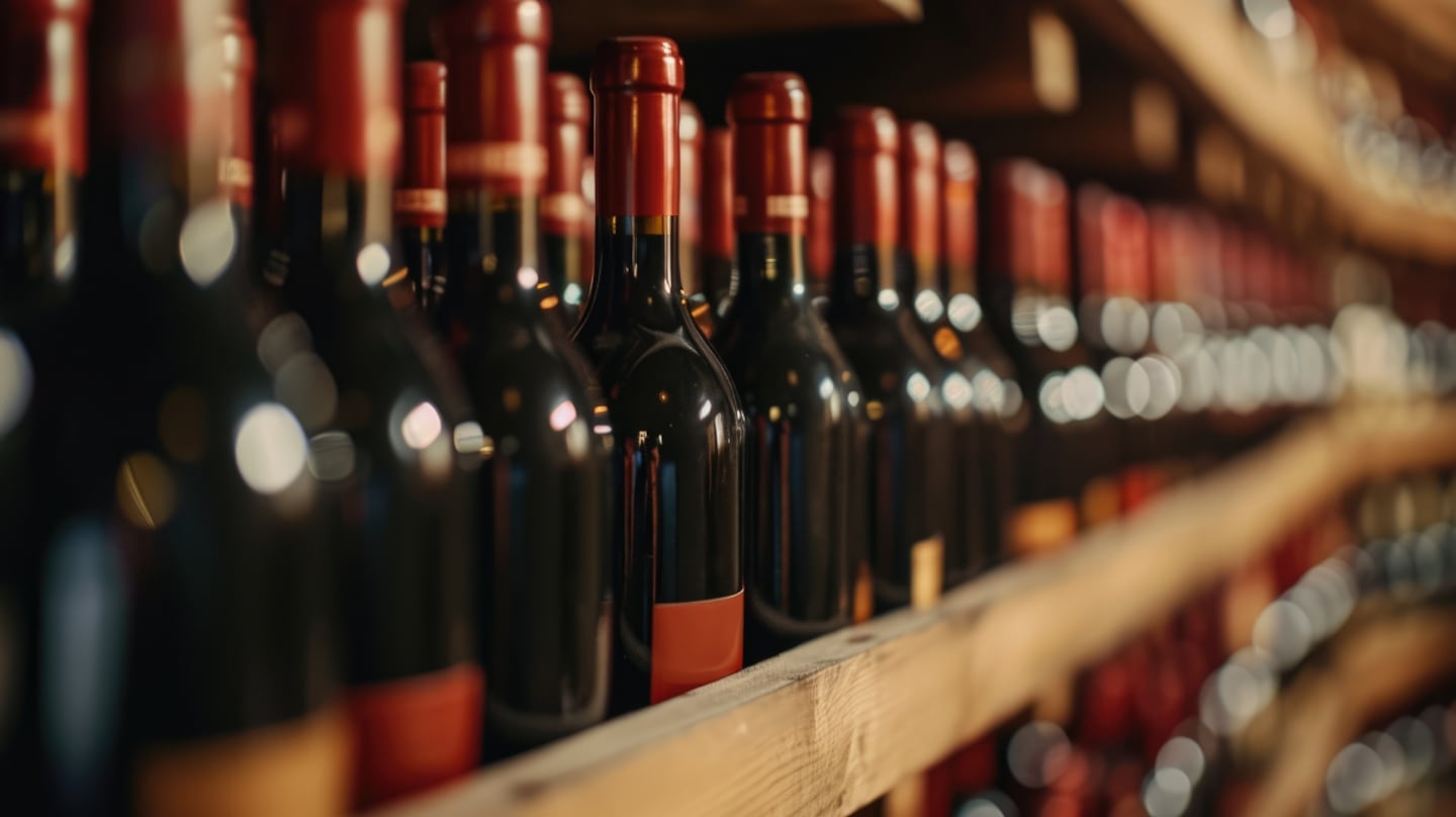 Botellas de vino en estantería de madera