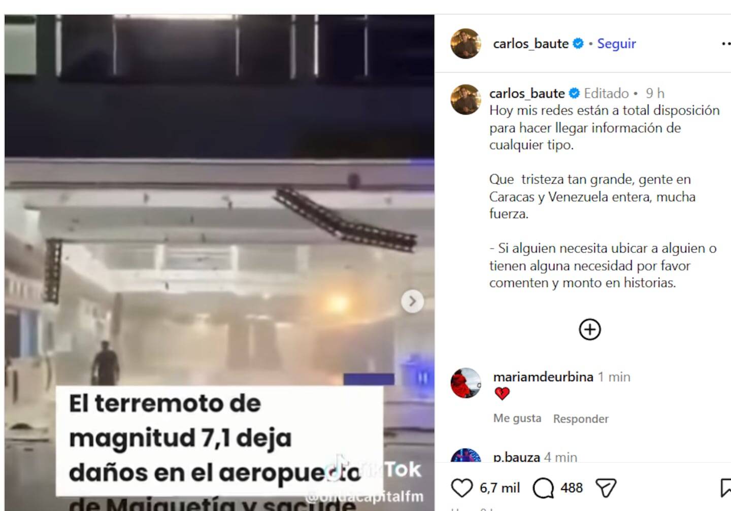 Carlos Baute compartiendo información sobre el terremoto en Venezuela en sus redes sociales