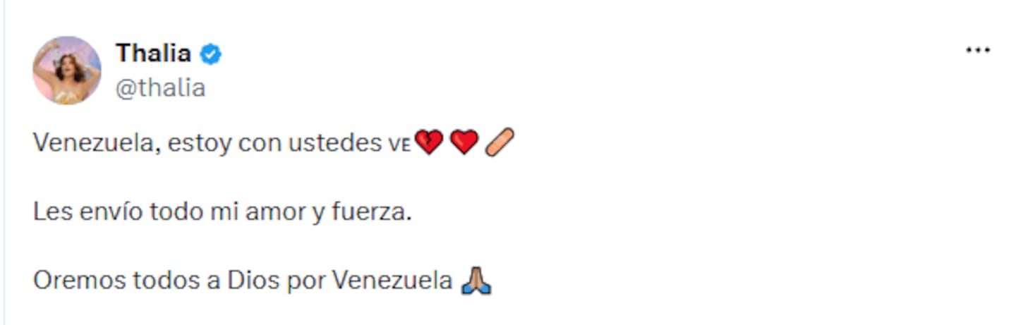 Publicación de Thalía en Twitter expresando su apoyo a Venezuela tras el terremoto
