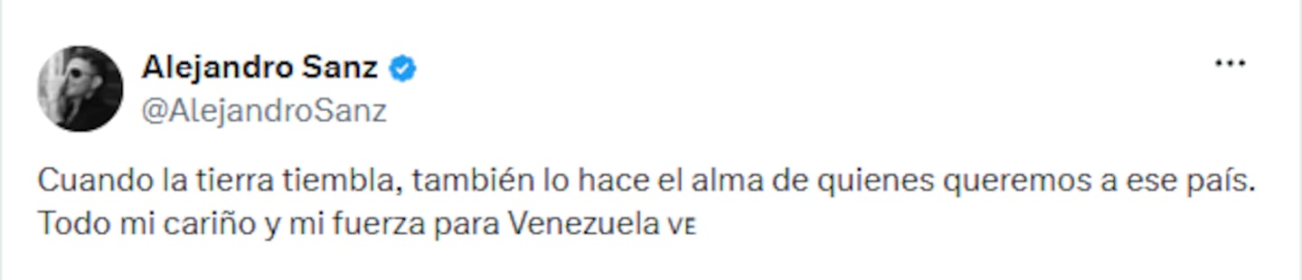 Publicación de Alejandro Sanz en Twitter expresando su apoyo a Venezuela tras el terremoto