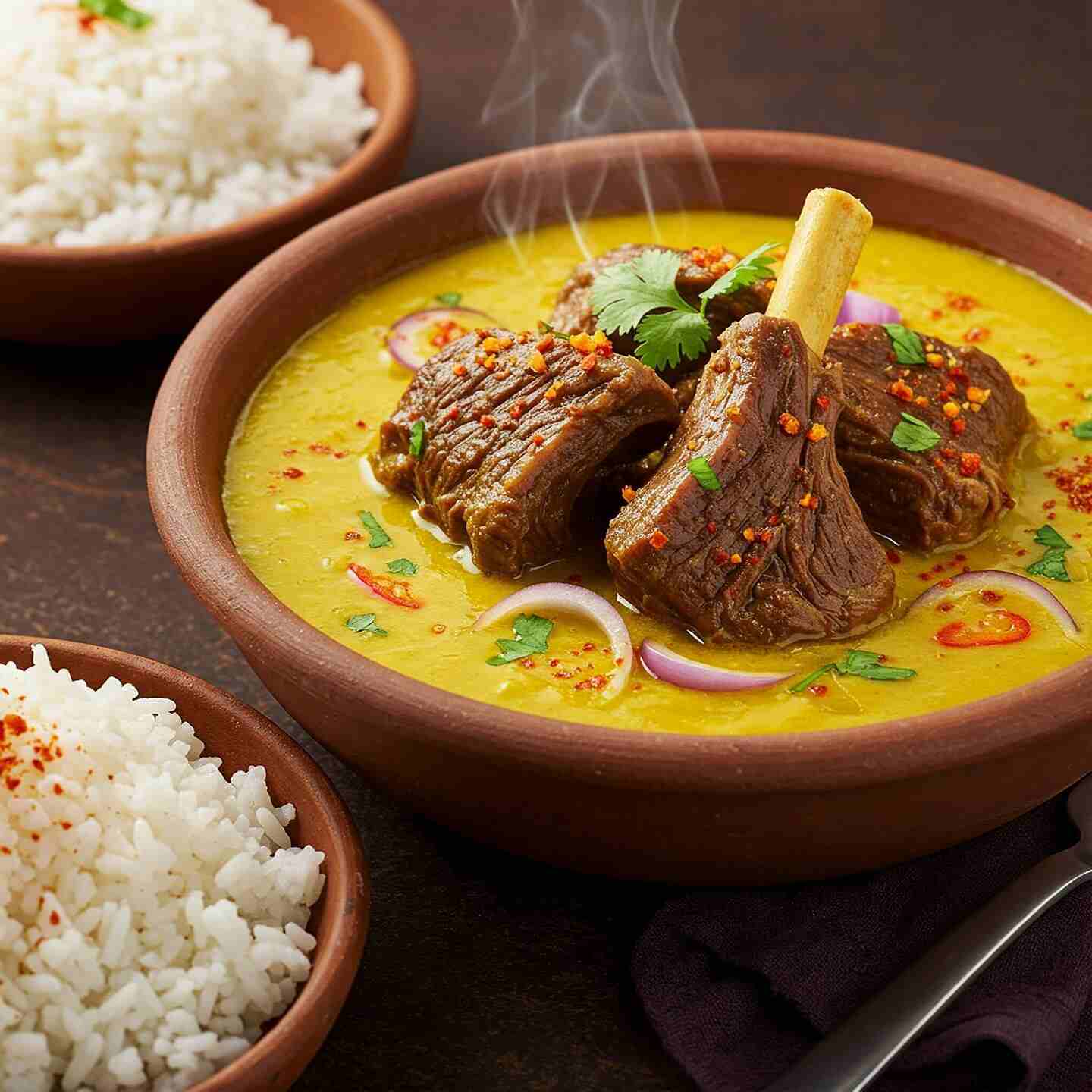 Guiso de carne en un plato hondo con arroz al lado
