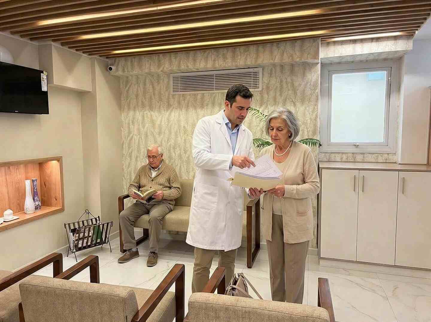 Médico explicando documentos a una mujer mayor en una consulta médica, con un hombre mayor sentado al fondo