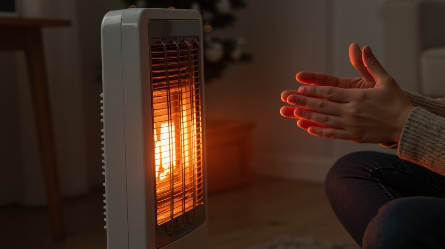 Persona calentándose las manos frente a un calefactor eléctrico encendido