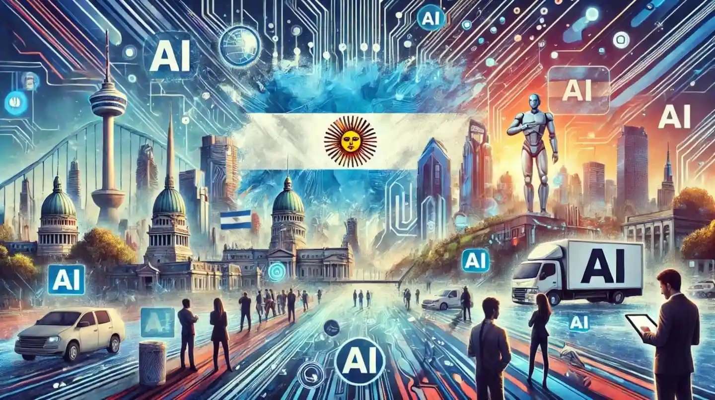 Ilustración que representa el aumento de la inteligencia artificial en Argentina con la bandera del país y elementos tecnológicos