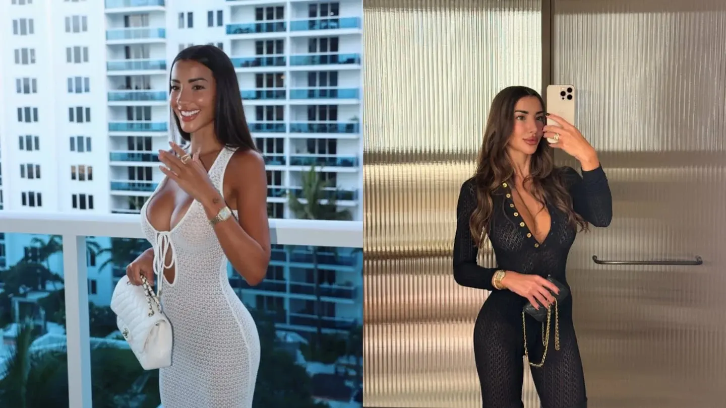 Bárbara Occhiuzzi posando en dos atuendos diferentes, uno blanco y otro negro, en entornos urbanos