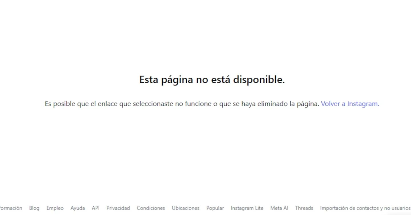 Pantalla que muestra un mensaje de error de página no disponible en Instagram