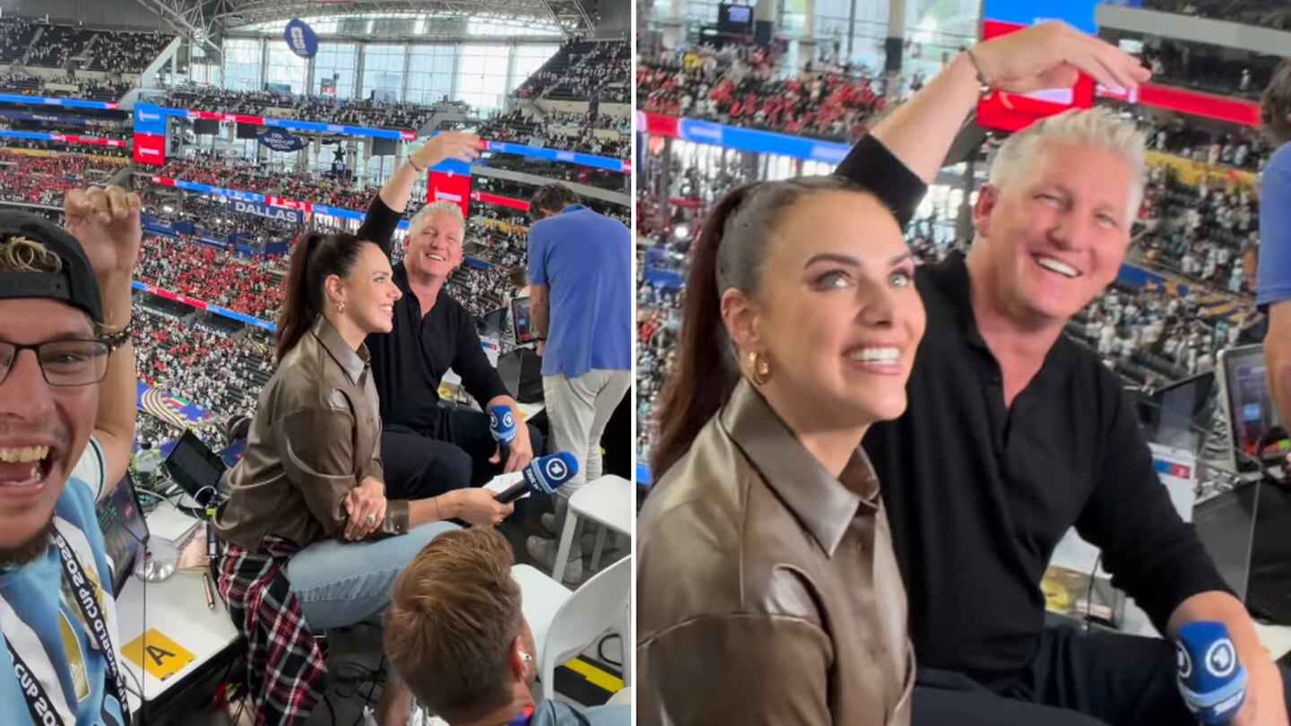 Bastian Schweinsteiger y una mujer sonriente en un estadio, disfrutando de un partido del Mundial 2026