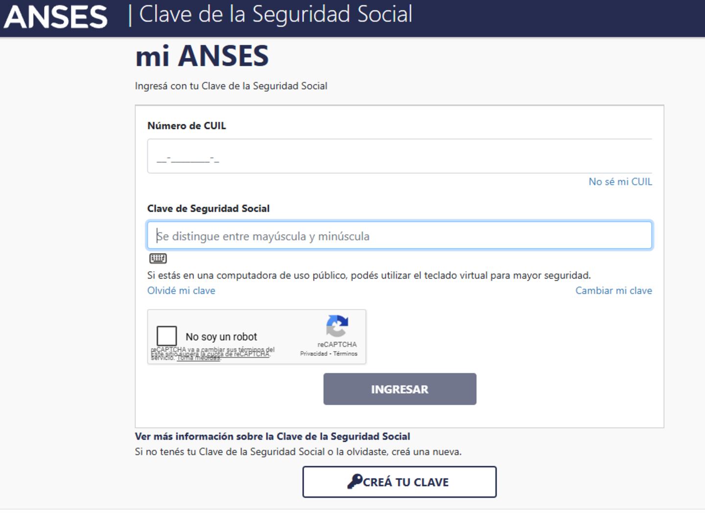 Pantalla de inicio de sesión del portal ANSeS para acceder a las Becas Progresar