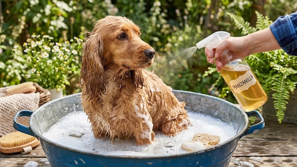 Perro siendo bañado con manzanilla