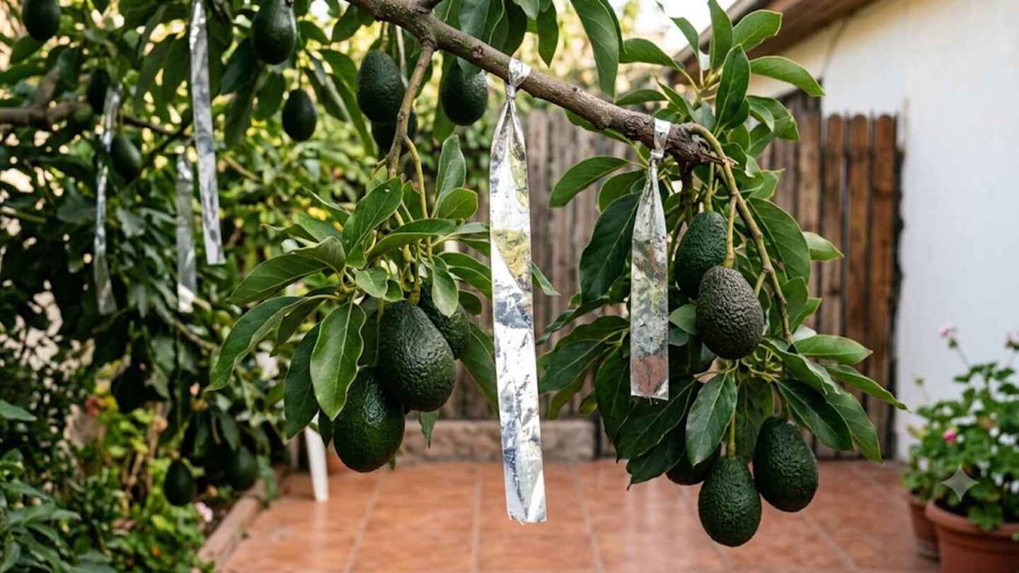 Cintas reflectantes colgadas en ramas de un árbol de paltas con frutos maduros