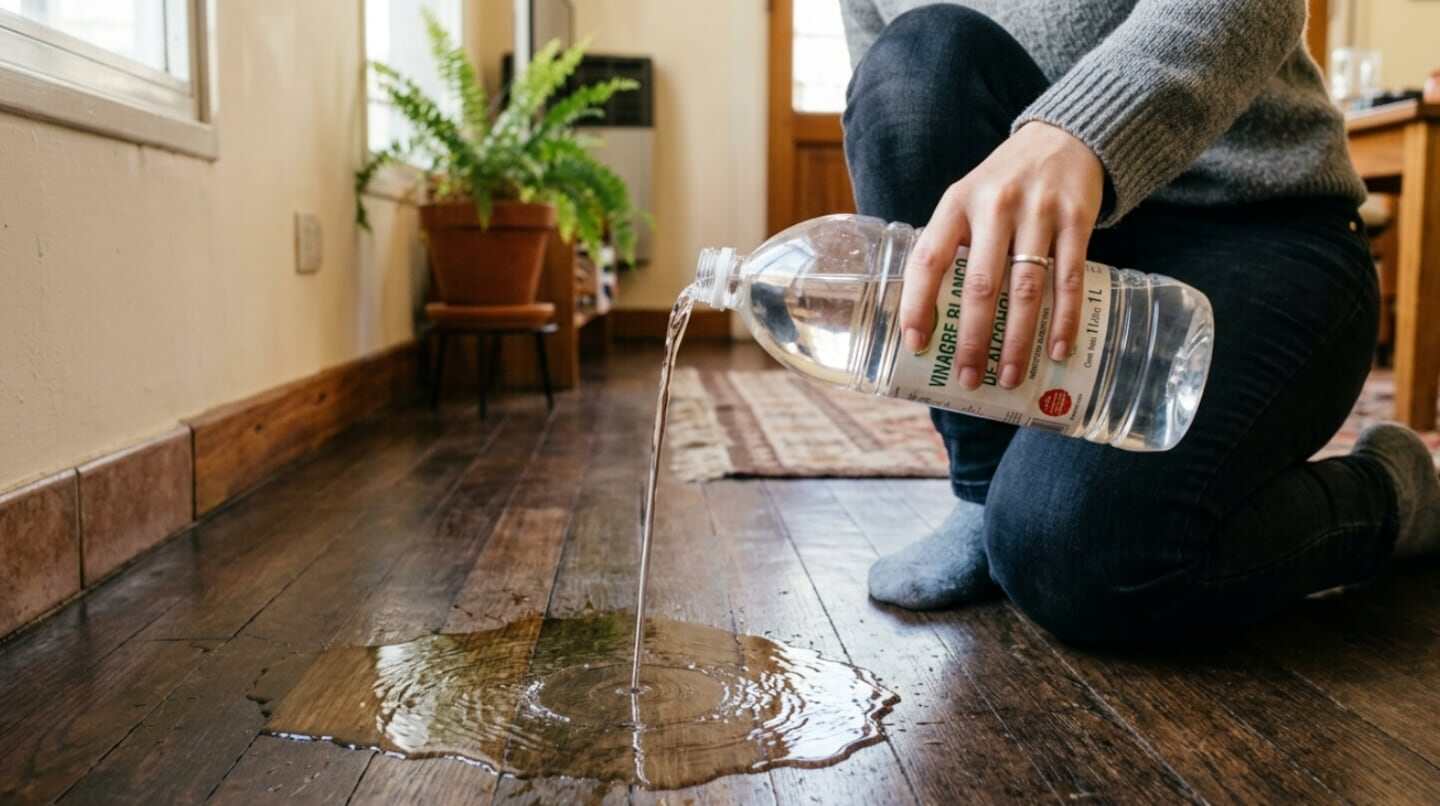 Persona vertiendo vinagre blanco sobre un piso de madera