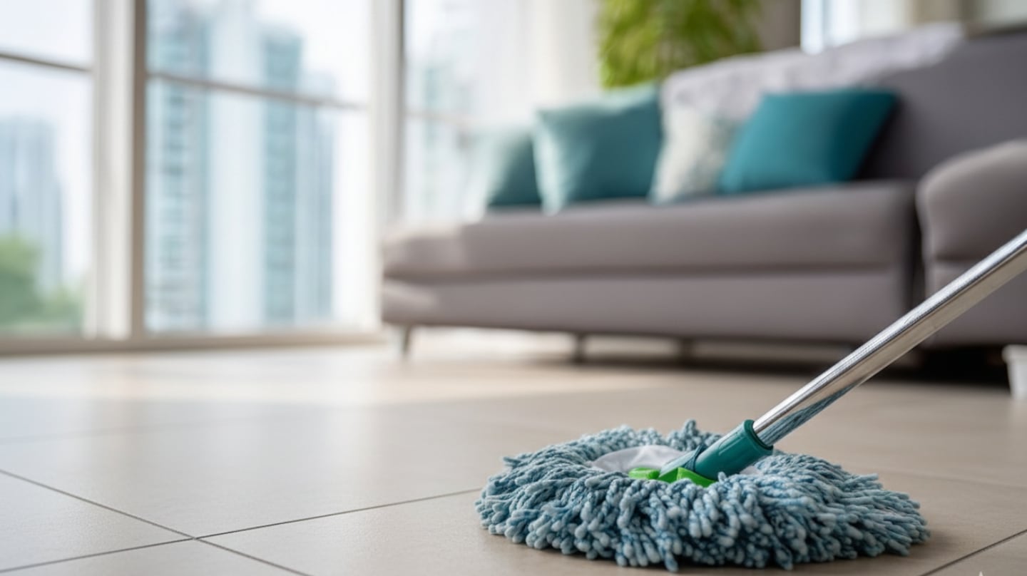 Mopa limpiando un piso de cerámica en un hogar moderno