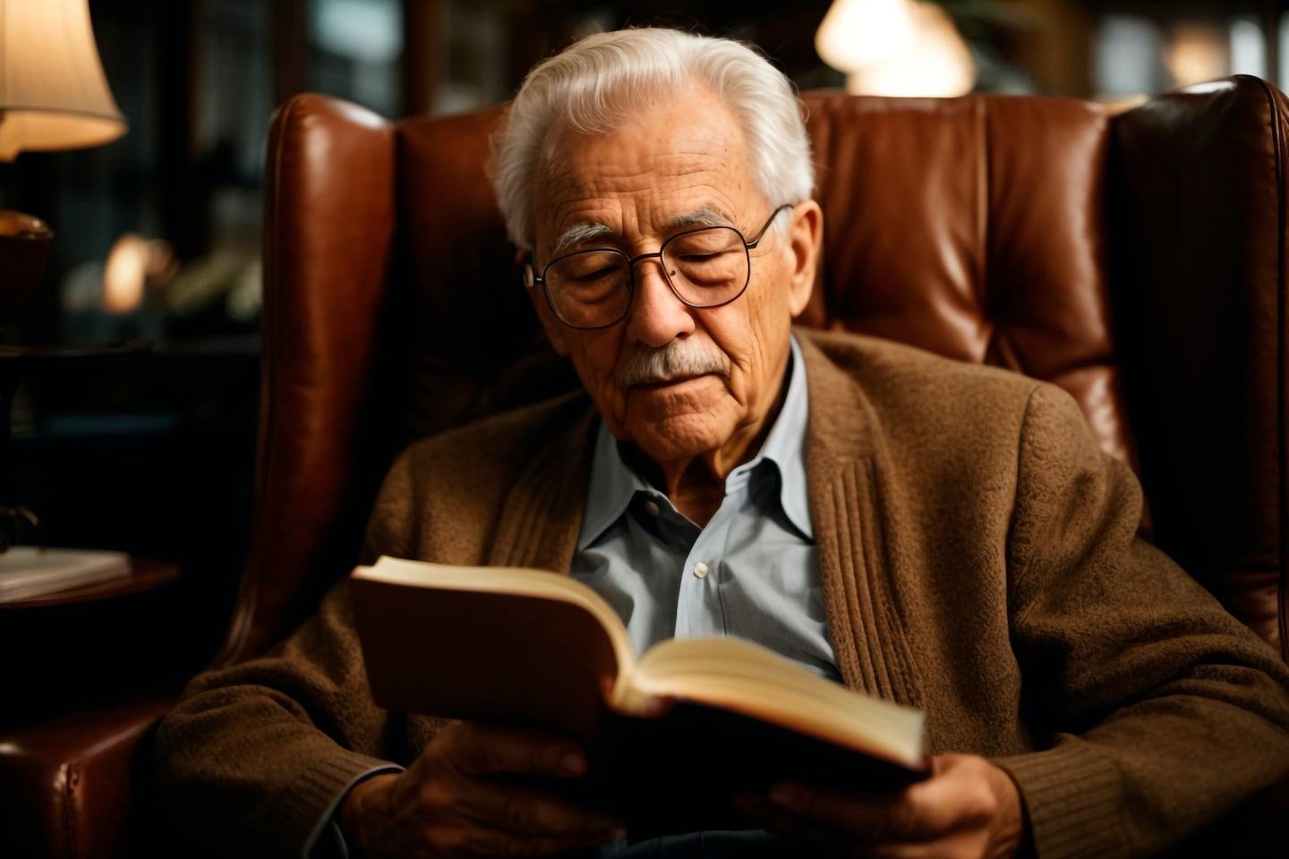 Hombre mayor leyendo un libro en un sillón cómodo