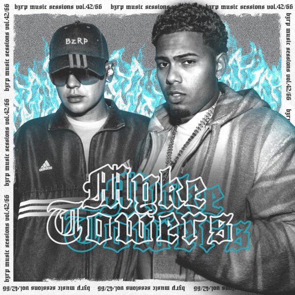 Bizarrap y Myke Towers posando juntos en una imagen promocional de sus nuevos lanzamientos musicales