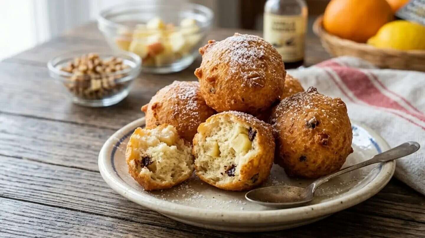 Plato de buñuelos dulces sin azúcar con un buñuelo partido mostrando su interior