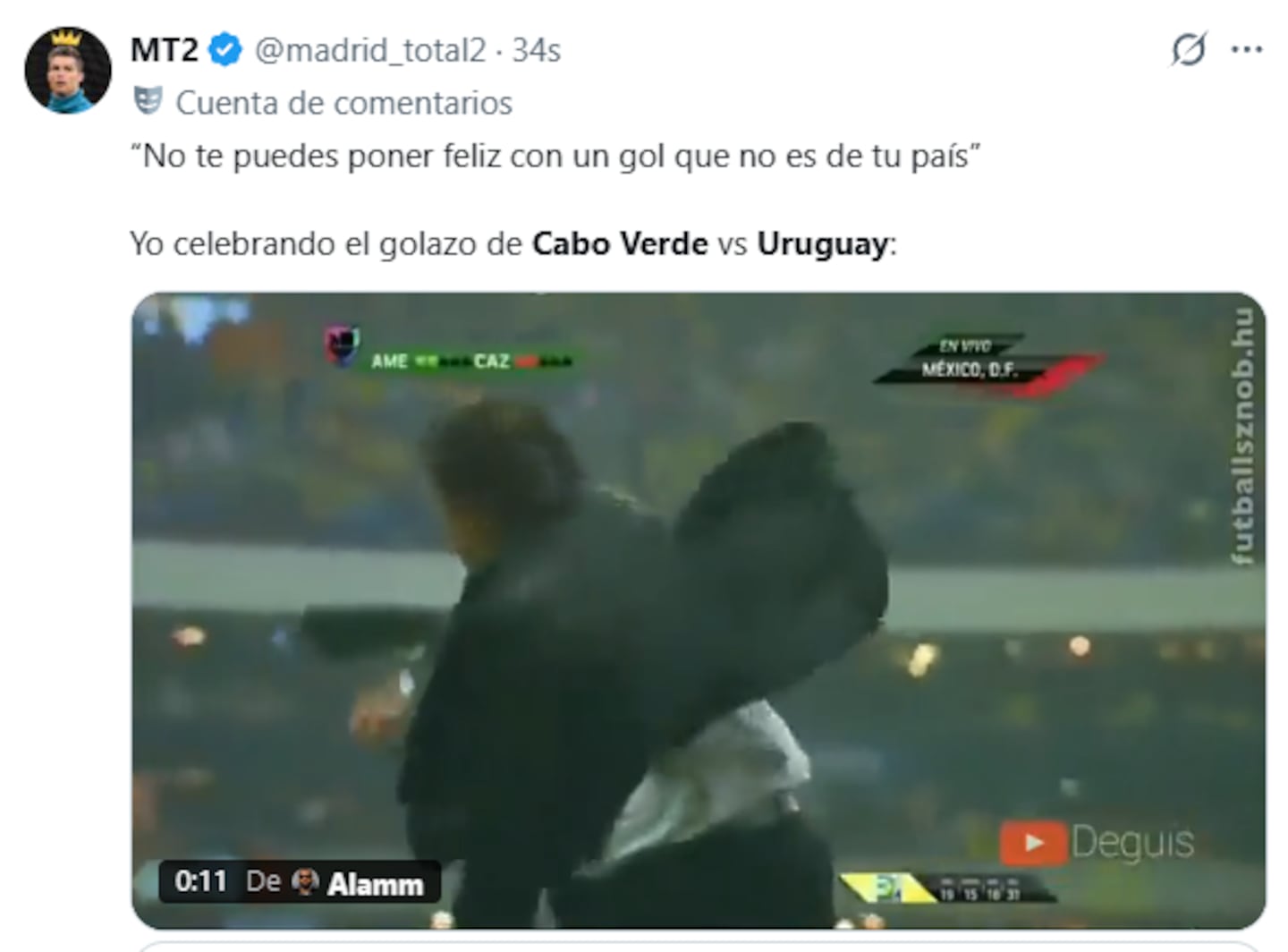 Celebración de un aficionado tras el gol de Cabo Verde en el Mundial contra Uruguay