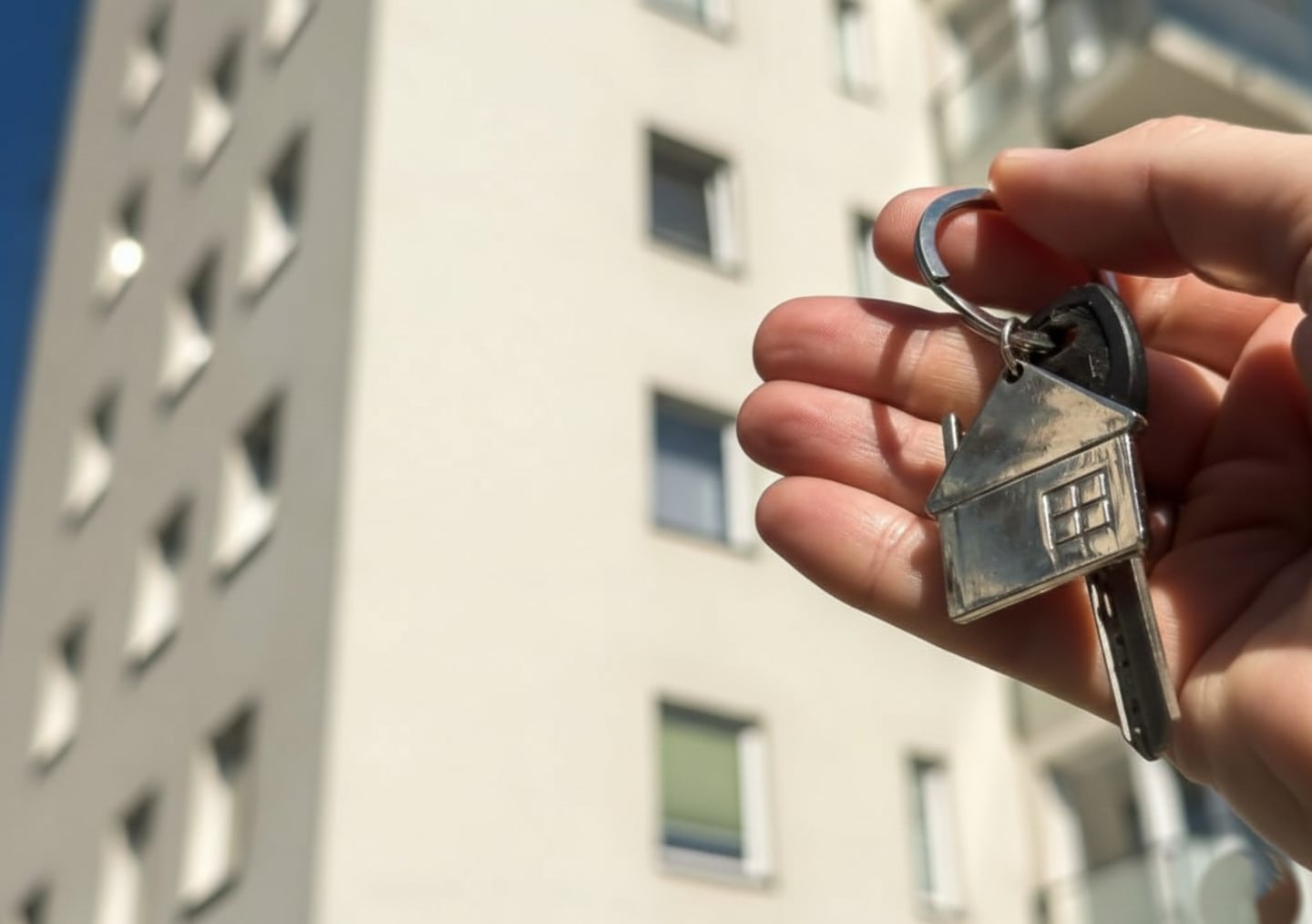 Llave en forma de casa sostenida por una mano frente a un edificio en CABA