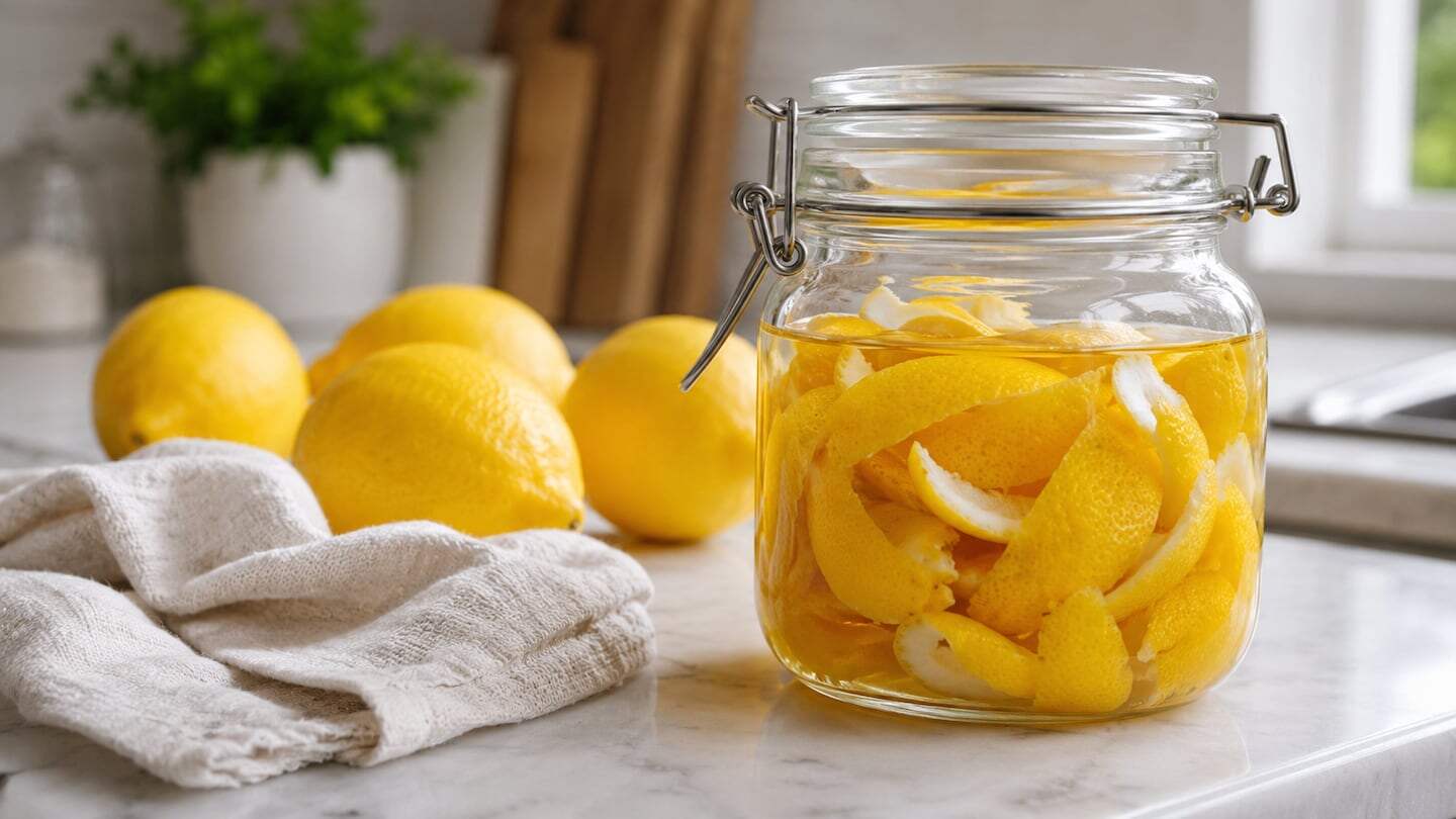 Cáscaras de limón en un frasco de vidrio sobre una mesa de cocina