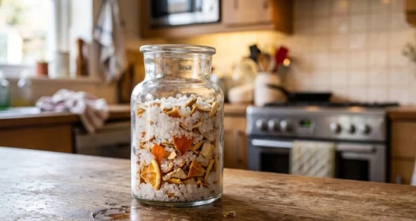 Mezcla de cáscaras de naranja y sal en un recipiente en la cocina