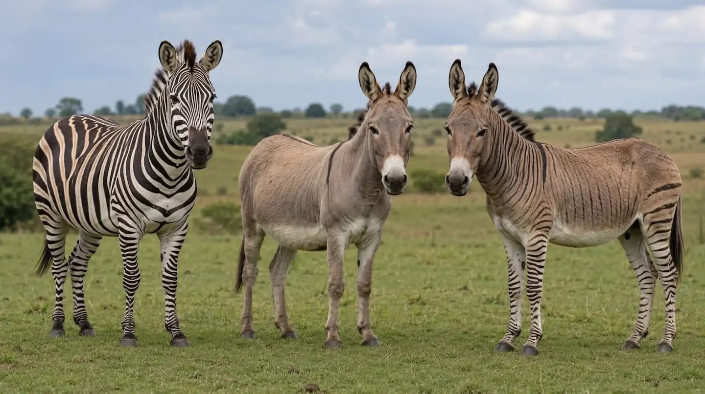 Tres cebrasno, híbridos entre cebra y burro, en un campo verde